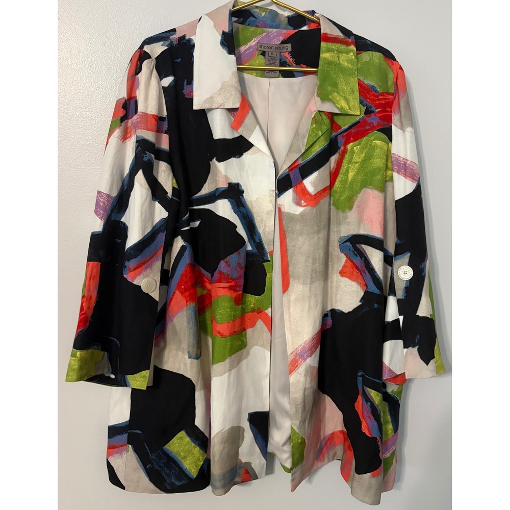 Sharon Young Abstract Art Print Blazer XL Viscose Linen Jacket S11322JM